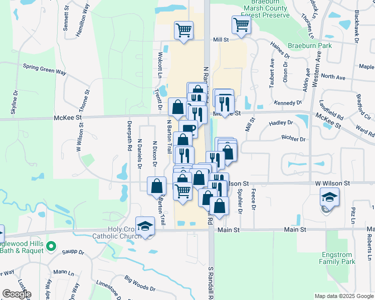 map of restaurants, bars, coffee shops, grocery stores, and more near 115 North Randall Road in Batavia