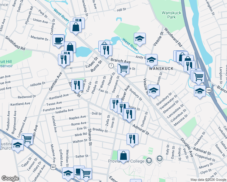 map of restaurants, bars, coffee shops, grocery stores, and more near Seamans Street in Providence