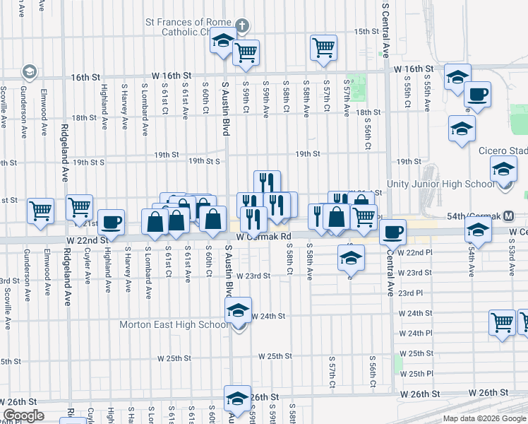 map of restaurants, bars, coffee shops, grocery stores, and more near 2129 South 59th Avenue in Cicero