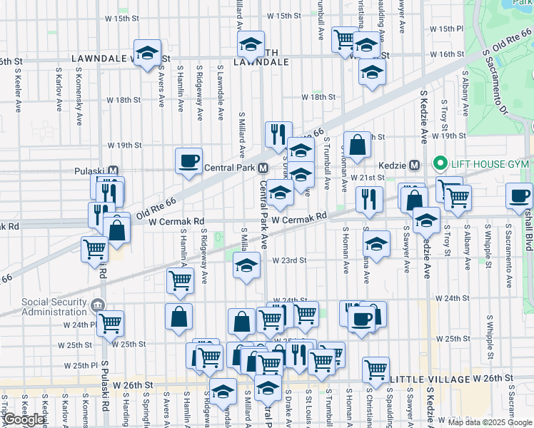 map of restaurants, bars, coffee shops, grocery stores, and more near 3560 West Cermak Road in Chicago