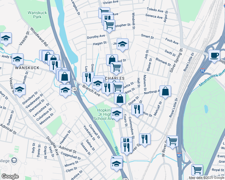 map of restaurants, bars, coffee shops, grocery stores, and more near 14 Greeley Street in Providence