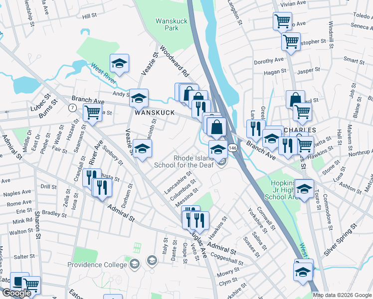 map of restaurants, bars, coffee shops, grocery stores, and more near 106 Sherwood Street in Providence
