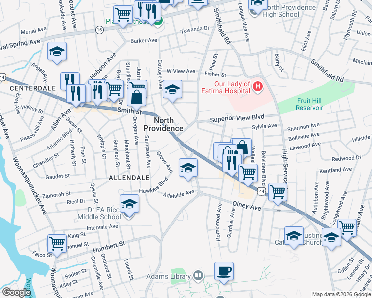 map of restaurants, bars, coffee shops, grocery stores, and more near 478 Fruit Hill Avenue in North Providence