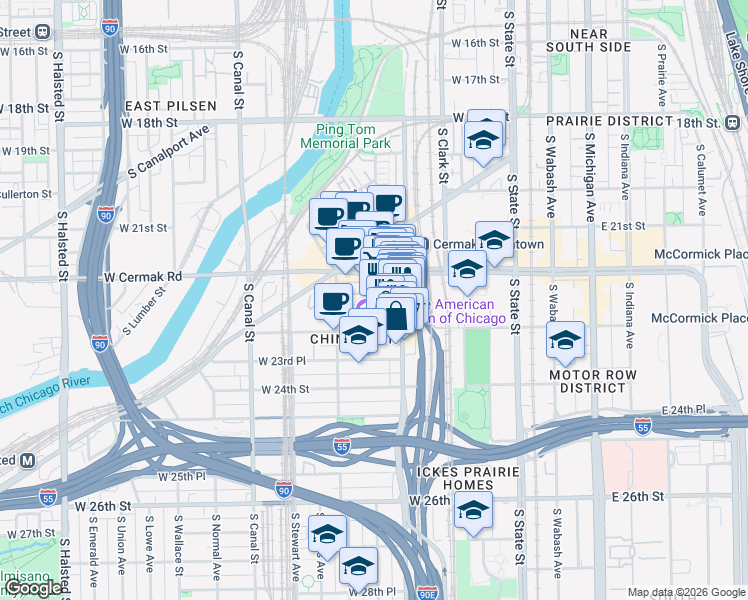 map of restaurants, bars, coffee shops, grocery stores, and more near 224 West Alexander Street in Chicago