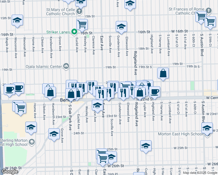 map of restaurants, bars, coffee shops, grocery stores, and more near 2126 Scoville Avenue in Berwyn