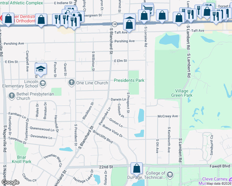 map of restaurants, bars, coffee shops, grocery stores, and more near 1477 Darwin Lane in Wheaton