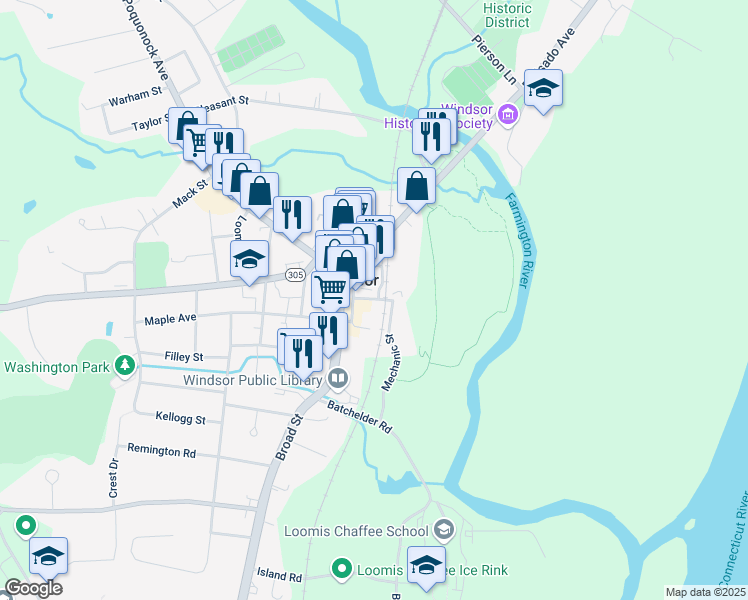 map of restaurants, bars, coffee shops, grocery stores, and more near Central Street in Windsor