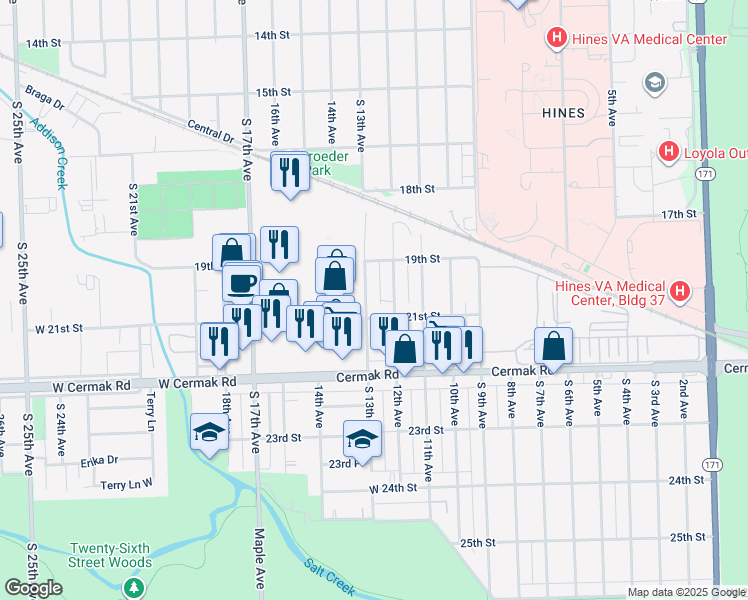 map of restaurants, bars, coffee shops, grocery stores, and more near 2845 South 13th Avenue in Broadview