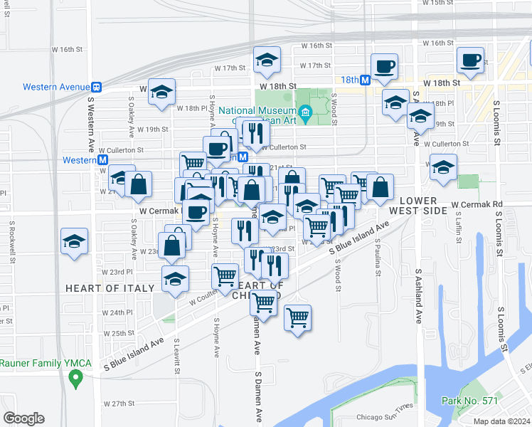 map of restaurants, bars, coffee shops, grocery stores, and more near 1940 West 22nd Place in Chicago