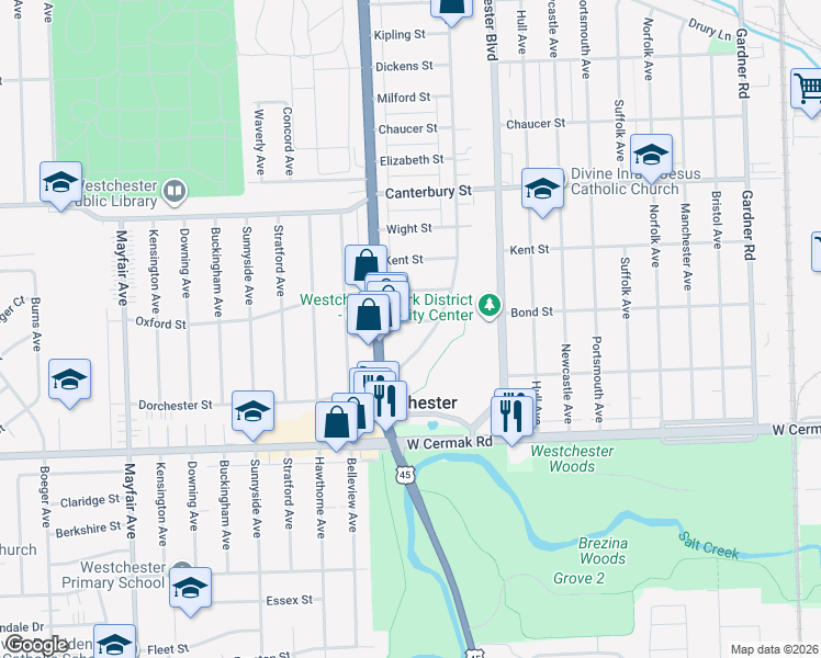 map of restaurants, bars, coffee shops, grocery stores, and more near 10331 Bond Street in Westchester