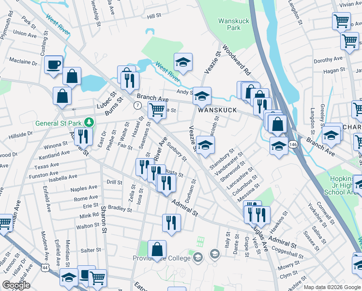 map of restaurants, bars, coffee shops, grocery stores, and more near 139 Sunbury Street in Providence
