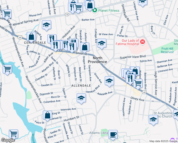 map of restaurants, bars, coffee shops, grocery stores, and more near 35 Sampson Avenue in North Providence