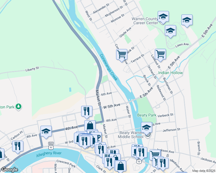 map of restaurants, bars, coffee shops, grocery stores, and more near 600-604 Henry Street in Warren