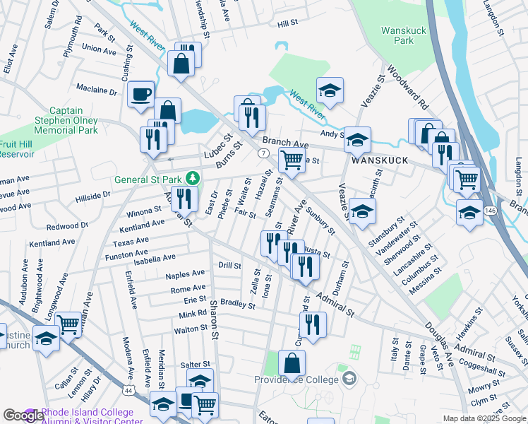 map of restaurants, bars, coffee shops, grocery stores, and more near 49 Hazael Street in Providence