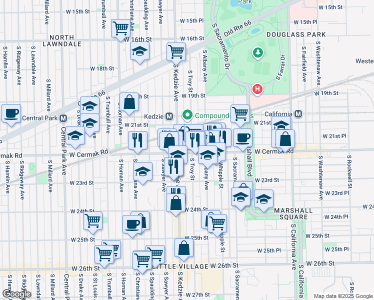 map of restaurants, bars, coffee shops, grocery stores, and more near 3153 South Kedzie Avenue in Chicago