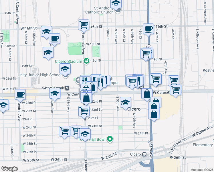 map of restaurants, bars, coffee shops, grocery stores, and more near 5016 West Cermak Road in Cicero