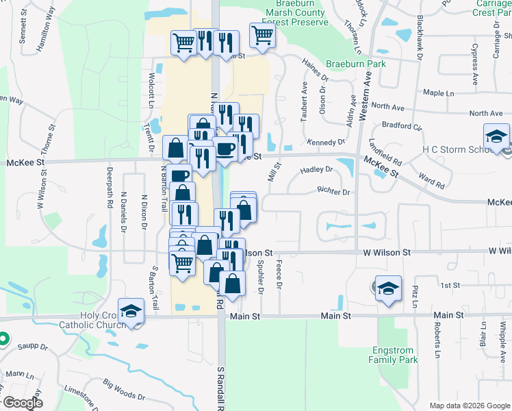 map of restaurants, bars, coffee shops, grocery stores, and more near 1611 Charleston Street in Batavia