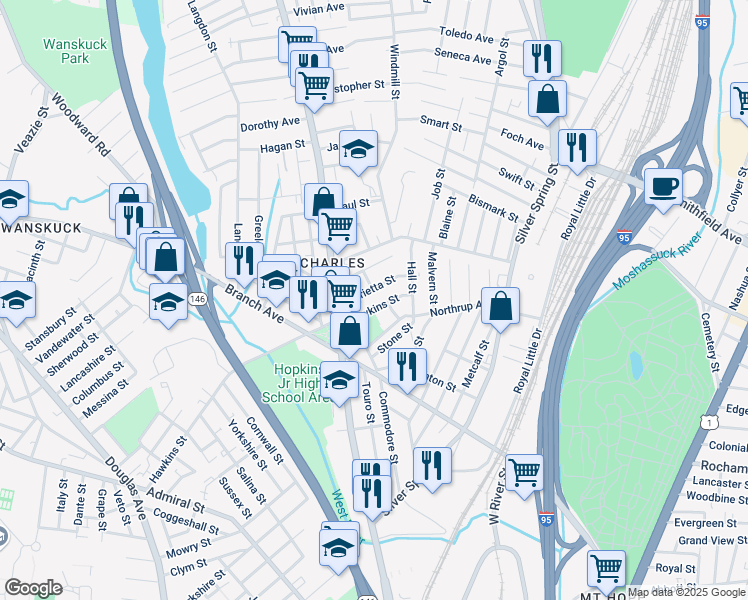 map of restaurants, bars, coffee shops, grocery stores, and more near 46 Mc Millen Street in Providence