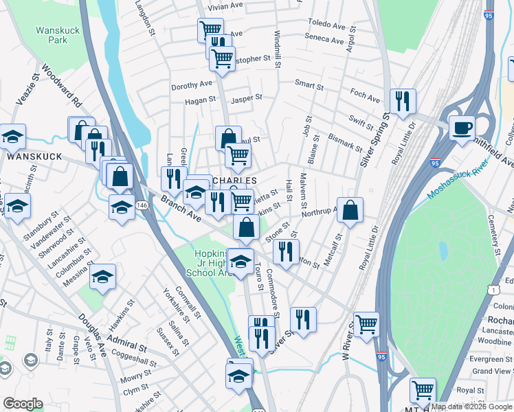 map of restaurants, bars, coffee shops, grocery stores, and more near 306 Hawkins Street in Providence