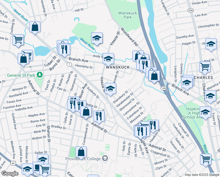 map of restaurants, bars, coffee shops, grocery stores, and more near 233 Veazie Street in Providence