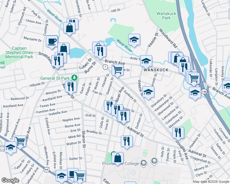 map of restaurants, bars, coffee shops, grocery stores, and more near 27 Crandall Street in Providence