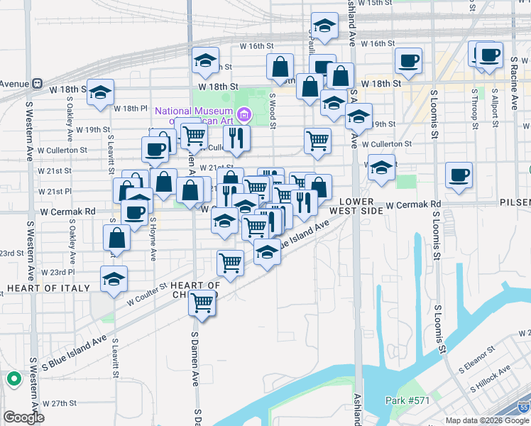 map of restaurants, bars, coffee shops, grocery stores, and more near 1825 West 22nd Place in Chicago