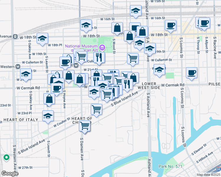 map of restaurants, bars, coffee shops, grocery stores, and more near 1825 West 22nd Place in Chicago