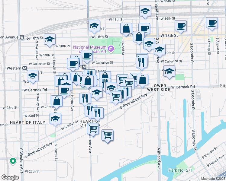 map of restaurants, bars, coffee shops, grocery stores, and more near 1825 West 22nd Place in Chicago
