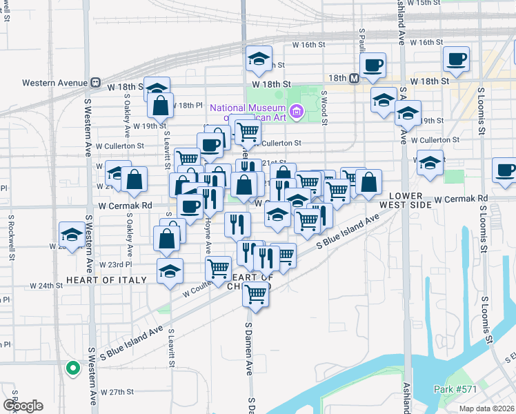 map of restaurants, bars, coffee shops, grocery stores, and more near 1940 West 22nd Place in Chicago