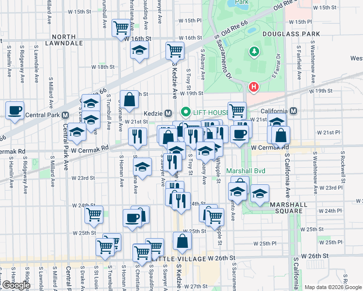 map of restaurants, bars, coffee shops, grocery stores, and more near 3153 South Kedzie Avenue in Chicago