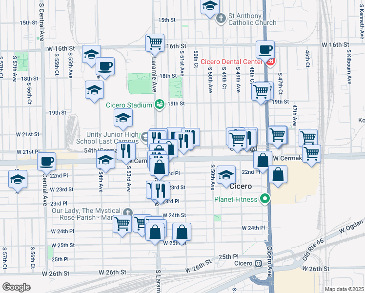 map of restaurants, bars, coffee shops, grocery stores, and more near 5104 West Cermak Road in Cicero