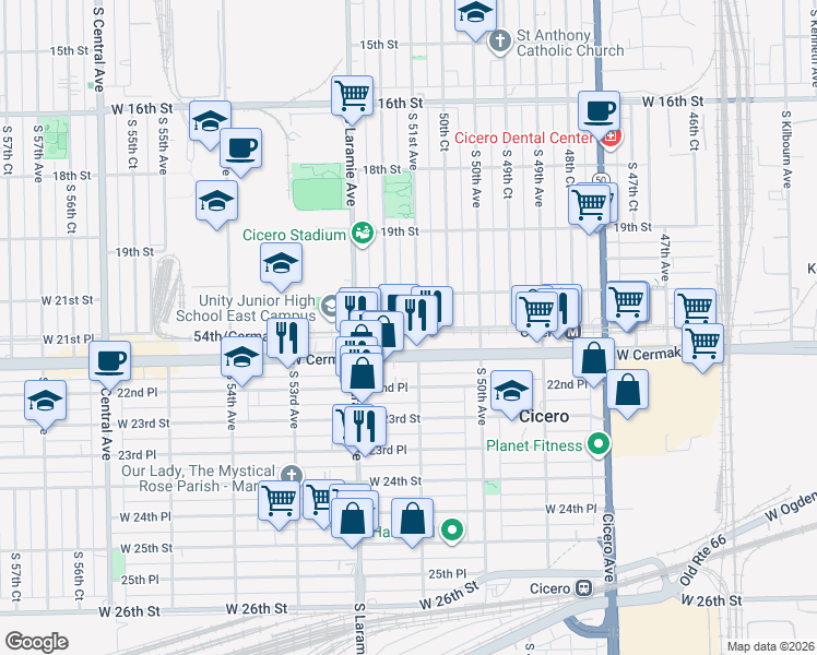 map of restaurants, bars, coffee shops, grocery stores, and more near 5104 West Cermak Road in Cicero