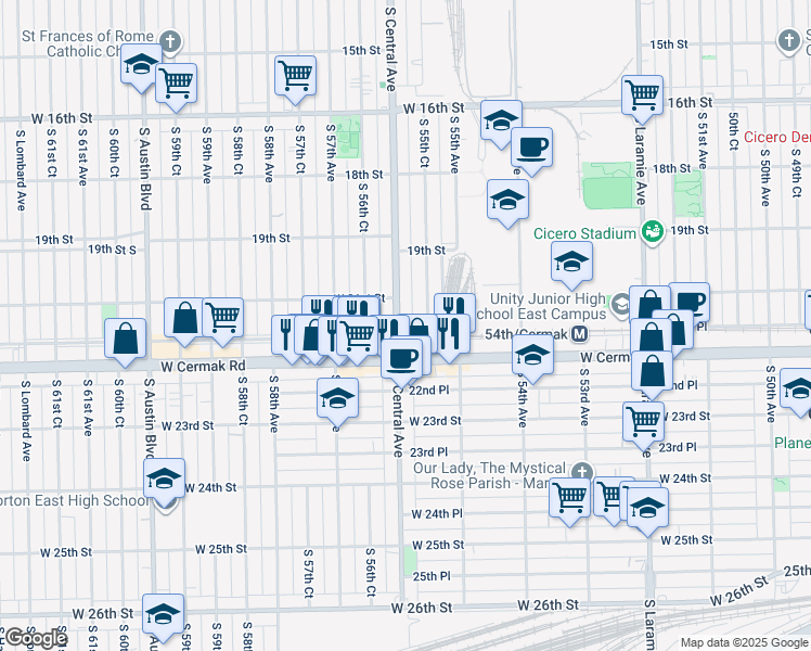 map of restaurants, bars, coffee shops, grocery stores, and more near in Cicero