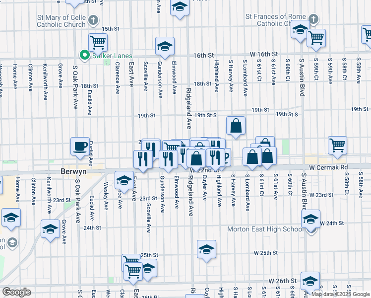 map of restaurants, bars, coffee shops, grocery stores, and more near 2125 Elmwood Avenue in Berwyn