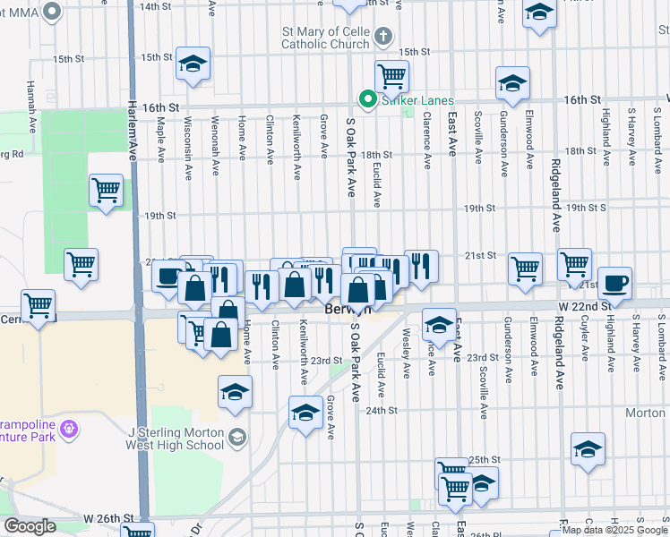 map of restaurants, bars, coffee shops, grocery stores, and more near 2124 Grove Avenue in Berwyn