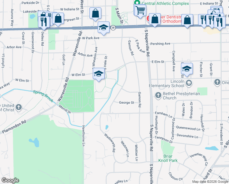 map of restaurants, bars, coffee shops, grocery stores, and more near 1352 South Main Street in Wheaton