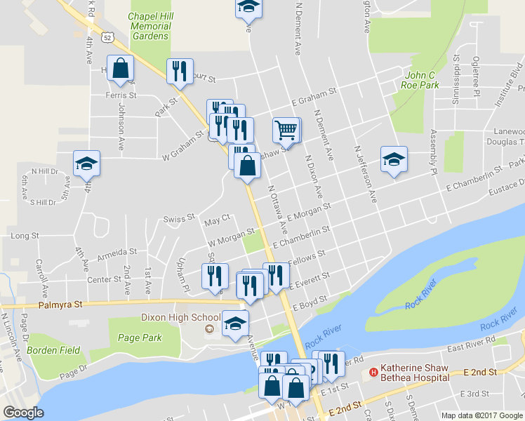 map of restaurants, bars, coffee shops, grocery stores, and more near 620 North Galena Avenue in Dixon