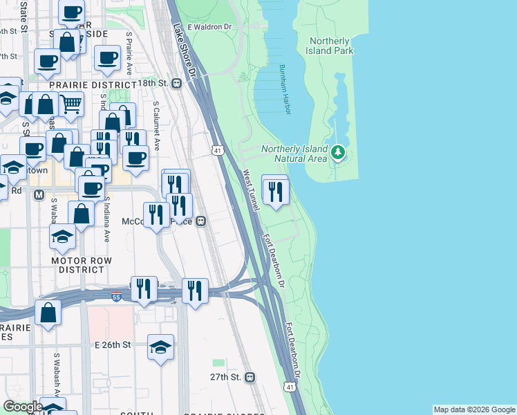 map of restaurants, bars, coffee shops, grocery stores, and more near 2301 South Lake Shore Drive in Chicago