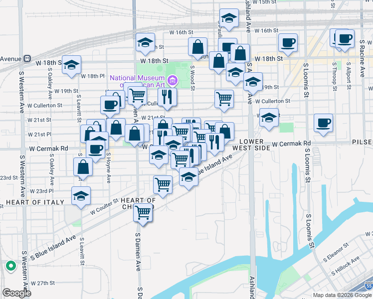 map of restaurants, bars, coffee shops, grocery stores, and more near 1825 West 22nd Place in Chicago
