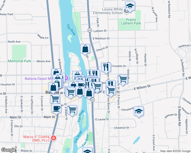 map of restaurants, bars, coffee shops, grocery stores, and more near 114 Spring Street in Batavia