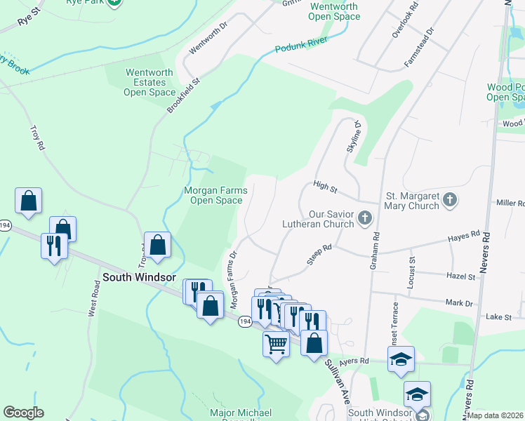 map of restaurants, bars, coffee shops, grocery stores, and more near 148 Morgan Farms Drive in South Windsor