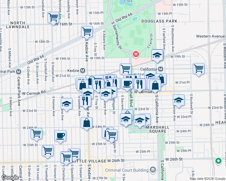 map of restaurants, bars, coffee shops, grocery stores, and more near 3032 West Cermak Road in Chicago