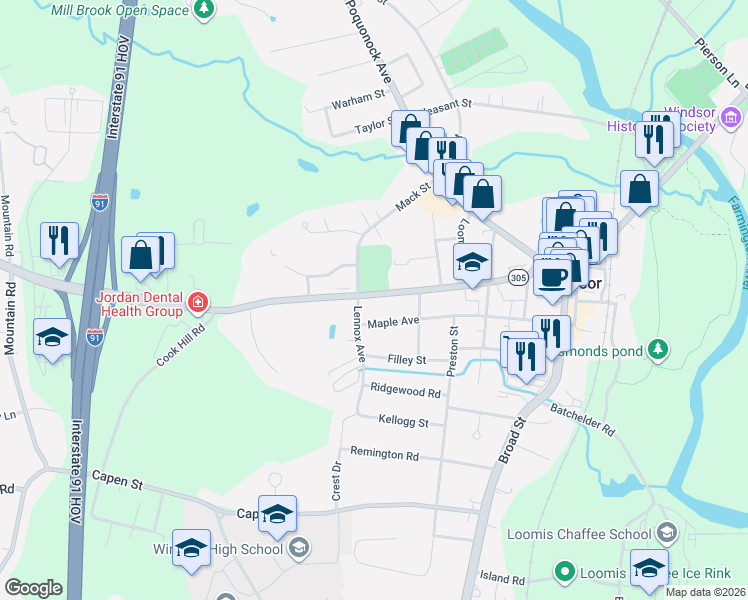 map of restaurants, bars, coffee shops, grocery stores, and more near 165 Bloomfield Avenue in Windsor