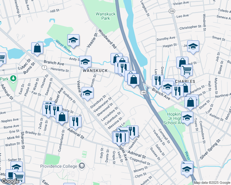 map of restaurants, bars, coffee shops, grocery stores, and more near 104 Vandewater Street in Providence
