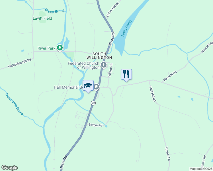 map of restaurants, bars, coffee shops, grocery stores, and more near 28 Village Street in Willington