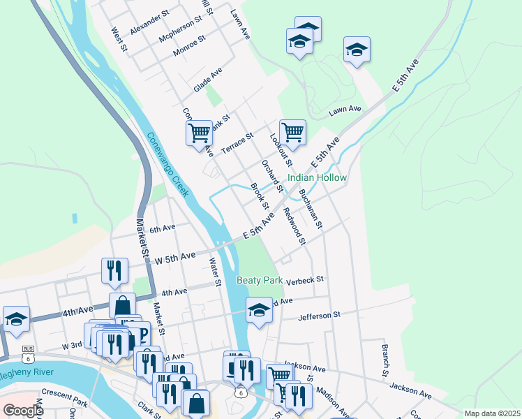 map of restaurants, bars, coffee shops, grocery stores, and more near 402 Conewango Avenue in Warren