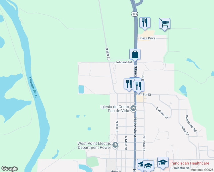 map of restaurants, bars, coffee shops, grocery stores, and more near 1301-1699 North Mill Street in West Point