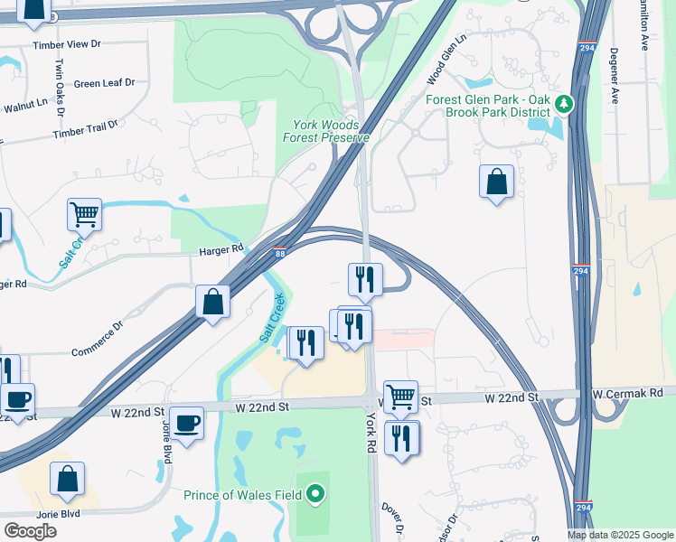 map of restaurants, bars, coffee shops, grocery stores, and more near 2000 York Road in Oak Brook
