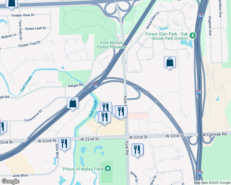 map of restaurants, bars, coffee shops, grocery stores, and more near 2000 York Road in Oak Brook