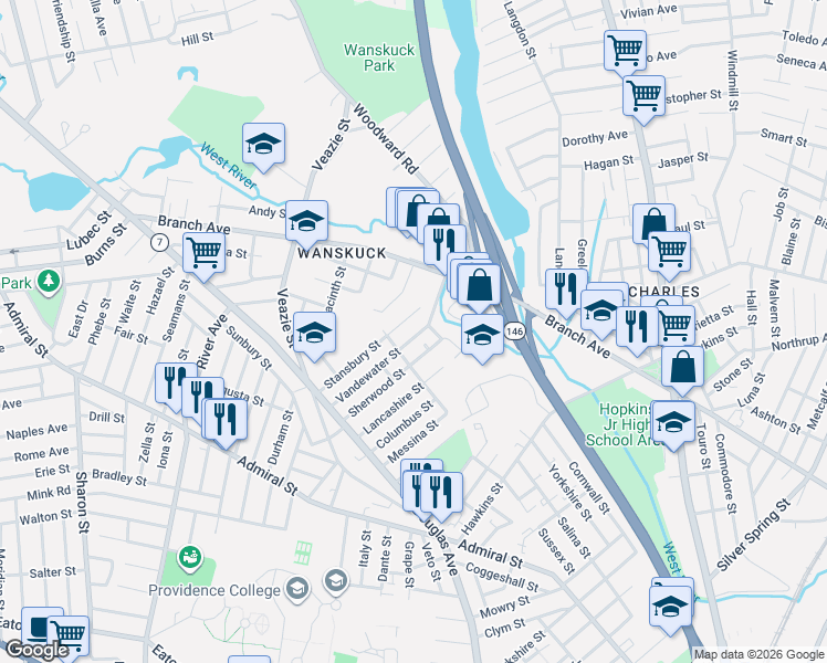 map of restaurants, bars, coffee shops, grocery stores, and more near 106 Sherwood Street in Providence